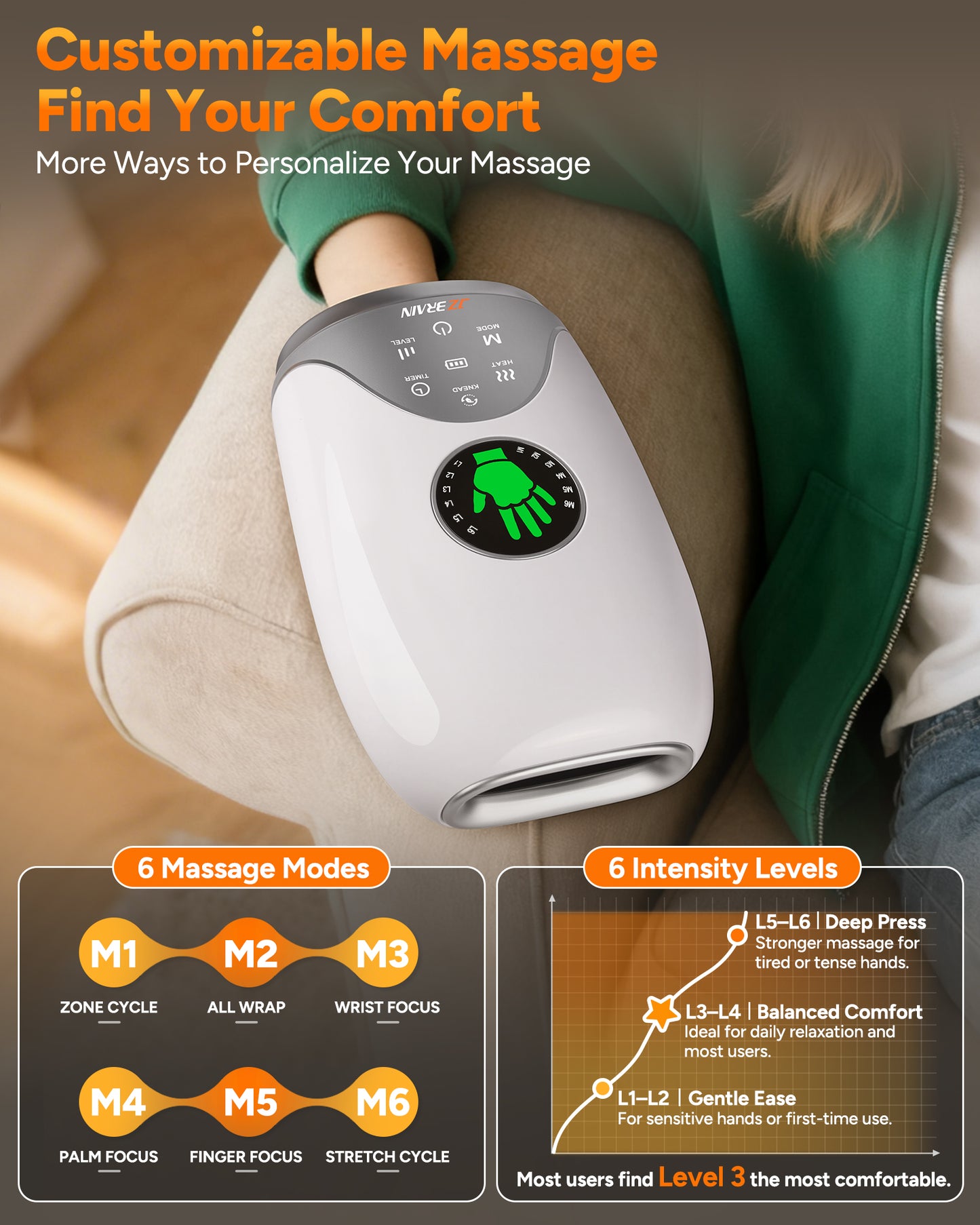 Hand Massager with Heat and Compression : Hand and Wrist Massager with Customizable Modes, Finger Stretch Function, Visual Display, Palm Roller - Daily Comfort for Women, Men, Home, Office Use