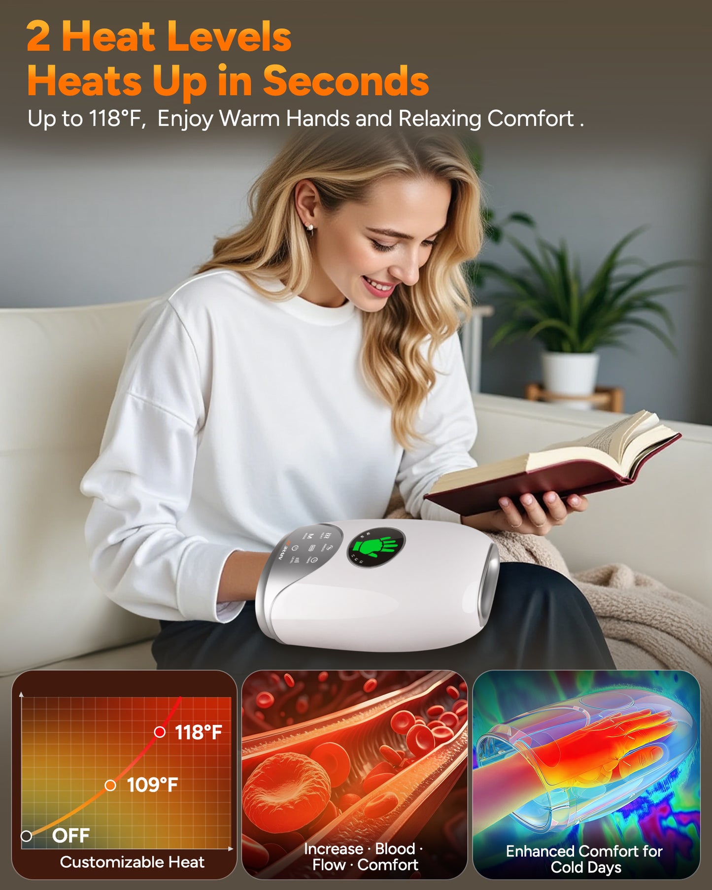 Hand Massager with Heat and Compression : Hand and Wrist Massager with Customizable Modes, Finger Stretch Function, Visual Display, Palm Roller - Daily Comfort for Women, Men, Home, Office Use