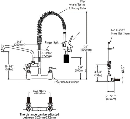 Commercial Wall Mount Kitchen Sink Faucet with Sprayer - 21" Height 8 inch Center