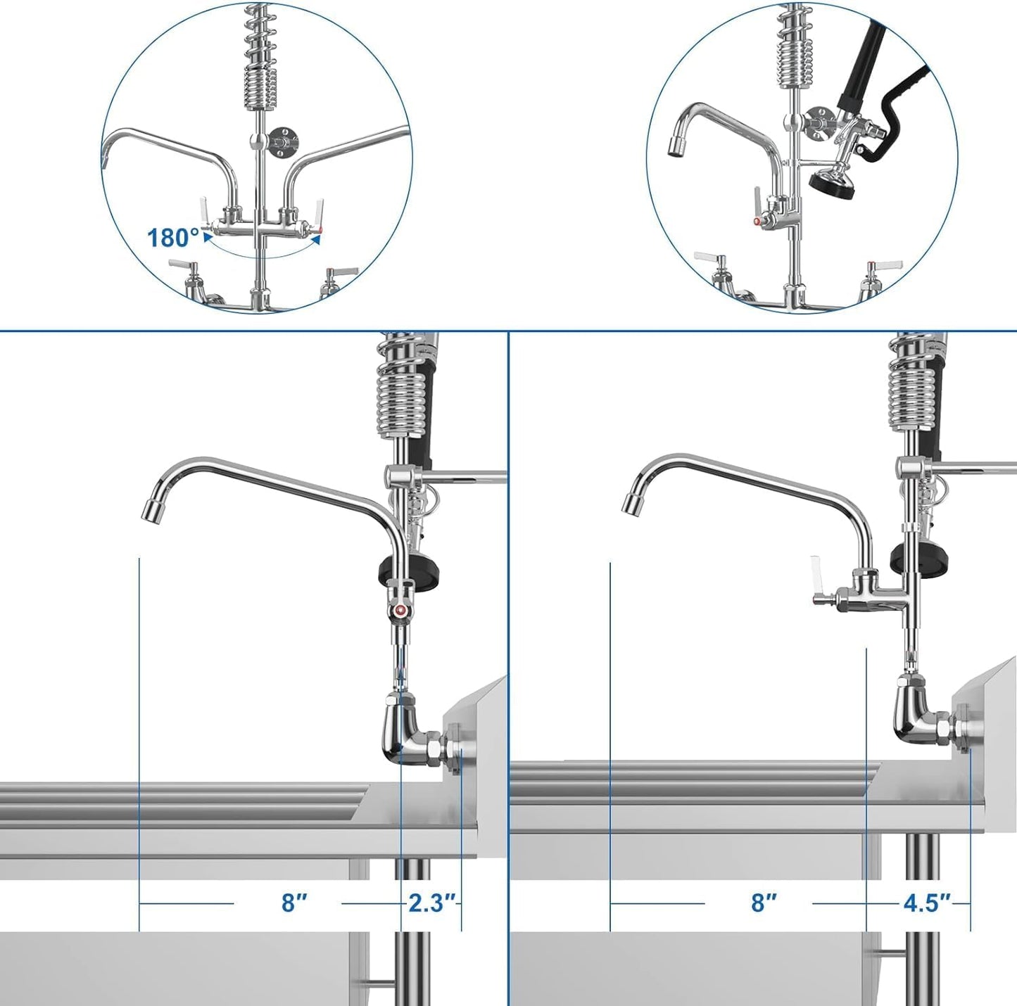 Commercial Wall Mount Kitchen Sink Faucet with Sprayer - 25" Height 8 inch Center