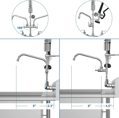 Commercial Wall Mount Kitchen Sink Faucet with Sprayer - 25" Height 8 inch Center