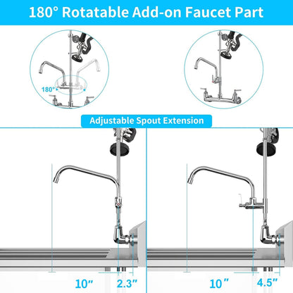 Commercial Wall Mount Kitchen Sink Faucet with Sprayer - 25" Height 8 inch Center