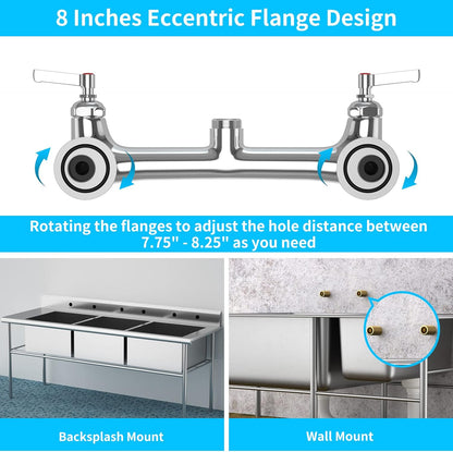 Commercial Wall Mount Kitchen Sink Faucet with Sprayer - 21" Height 8 inch Center