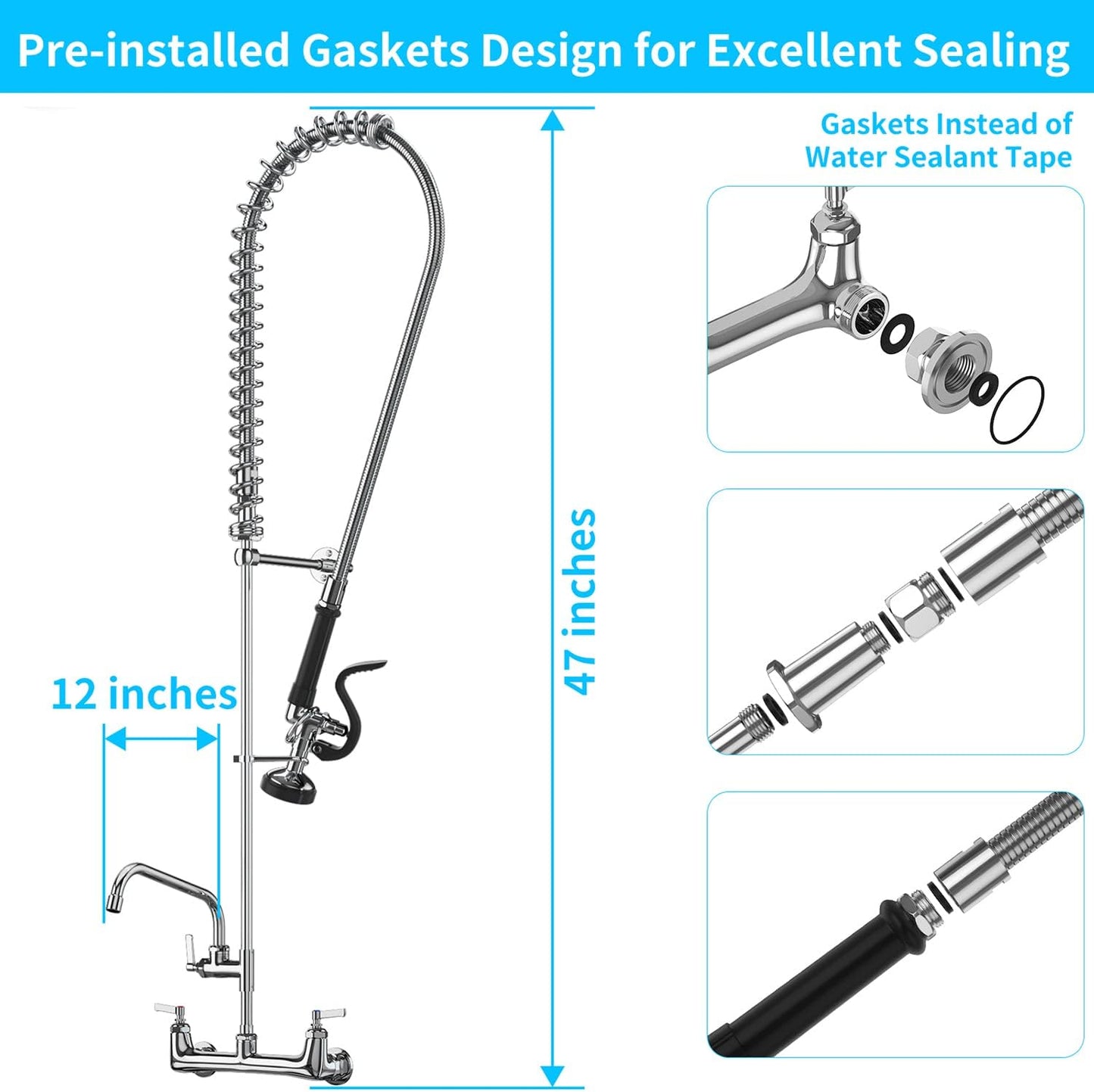 Commercial Faucet with Sprayer, 47'' Height 8 '' Center