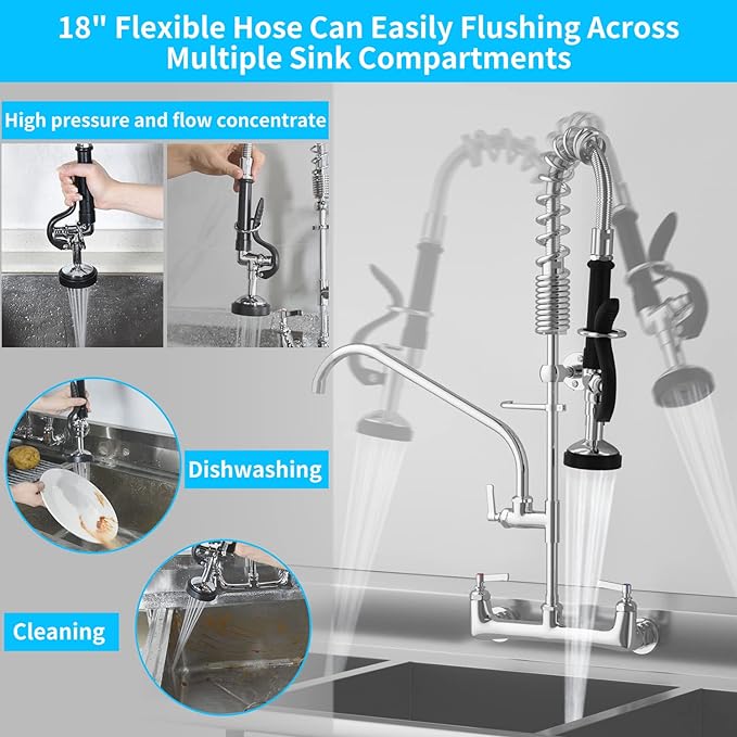 Commercial Wall Mount Kitchen Sink Faucet with Sprayer - 25" Height 8 inch Center