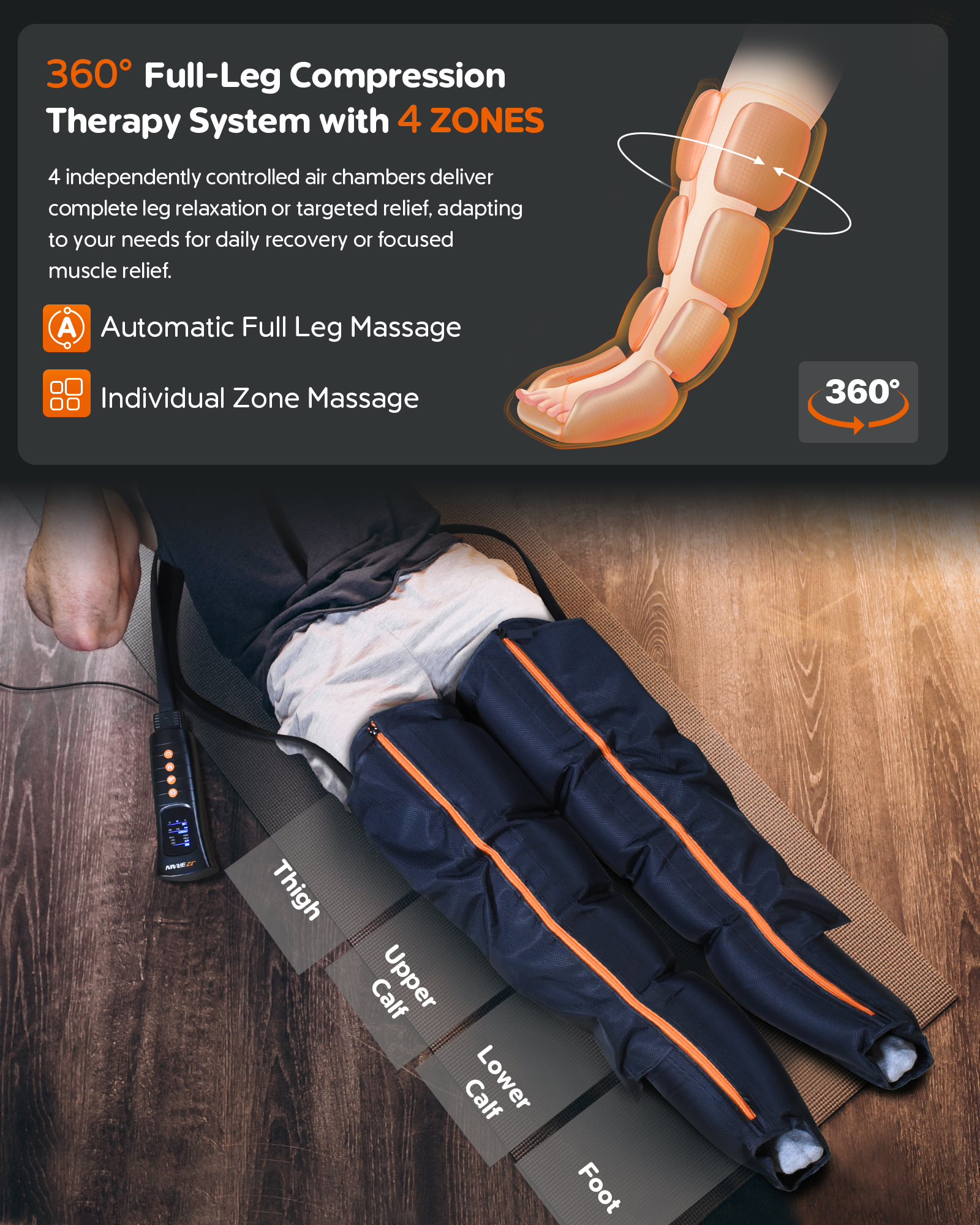 JZBRAIN Sequential Leg Compression Massager for Circulation, Professional Compression Boots for Pain Relief, 5-Chamber Compression Device with 6 Modes & 6 Intensities for Women Men