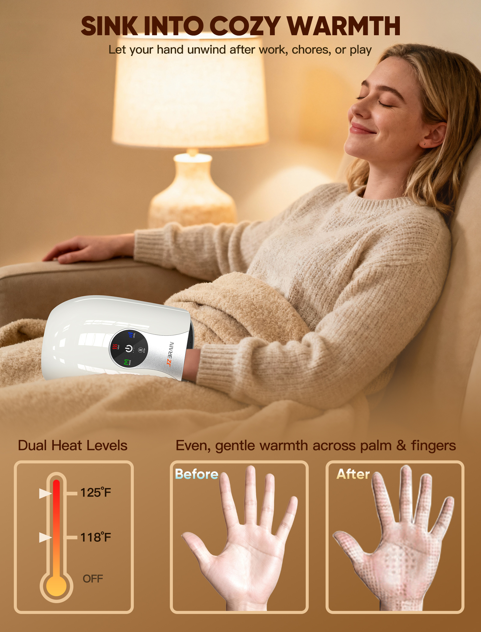 Hand Massager with Heat and Compression : Cordless Heated Hand Massage for Arthritis and Carpal Tunnel, Hand Therapy for Pain Relief – 4 Modes 6 Intensities, Portable Rechargeable (White)