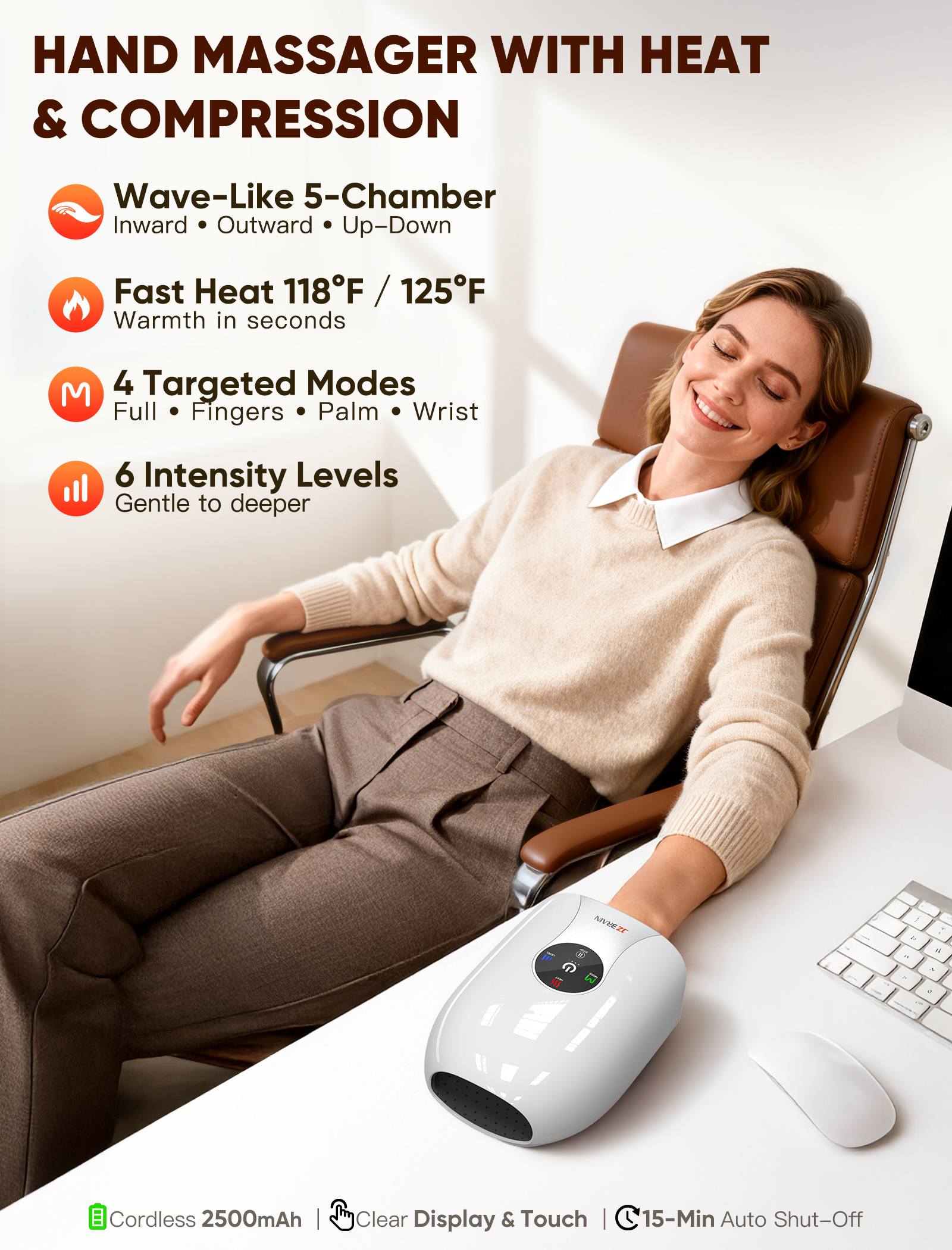 Hand Massager with Heat and Compression : Cordless Heated Hand Massage for Arthritis and Carpal Tunnel, Hand Therapy for Pain Relief – 4 Modes 6 Intensities, Portable Rechargeable (White)