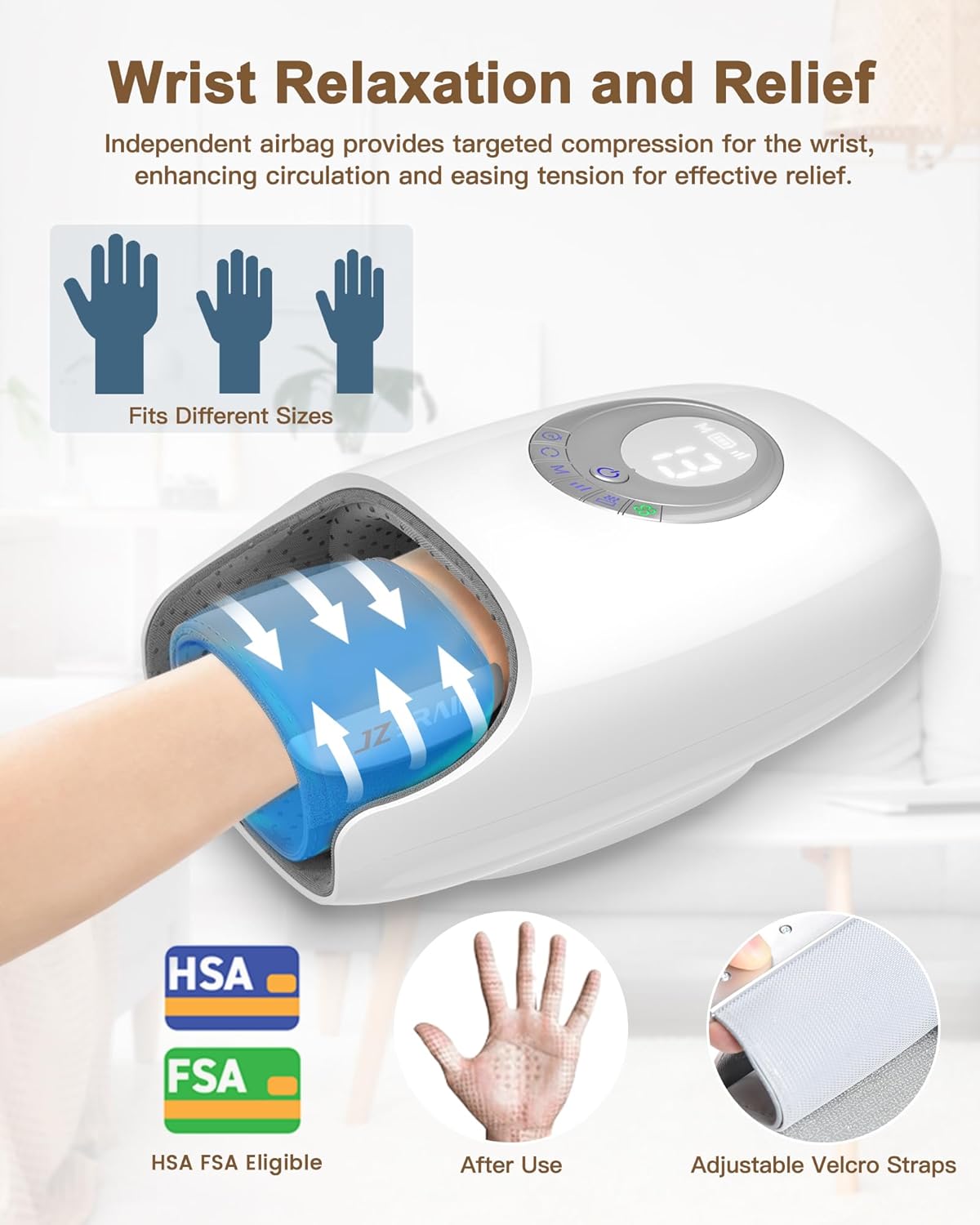 JZBRAIN Hand Massager with Heat and Compression : Full Hand & Wrist Massage with Modes 6 Intensity for Daily Comfort & Relaxation, Heated Function & Cooling Fan for All Seasons (White)