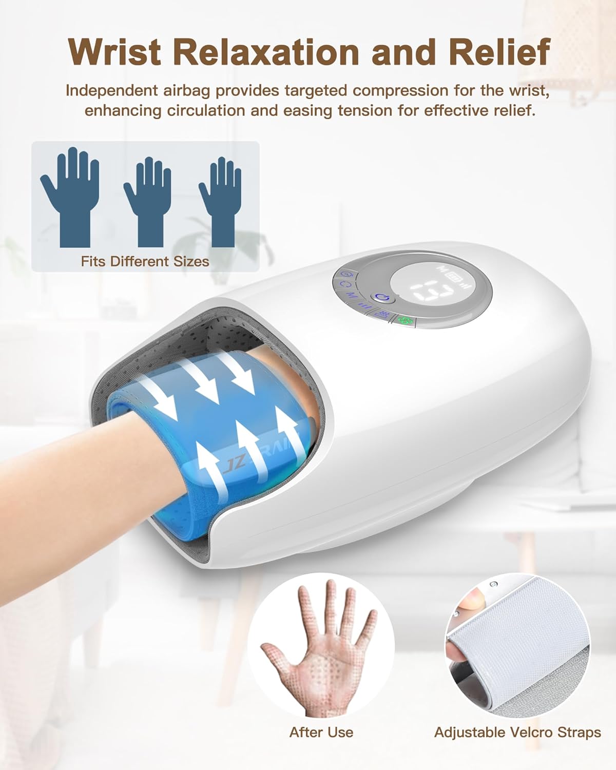 JZBRAIN Hand Massager with Heat and Compression : Full Hand & Wrist Massage with Modes 6 Intensity for Daily Comfort & Relaxation, Heated Function & Cooling Fan for All Seasons (White)