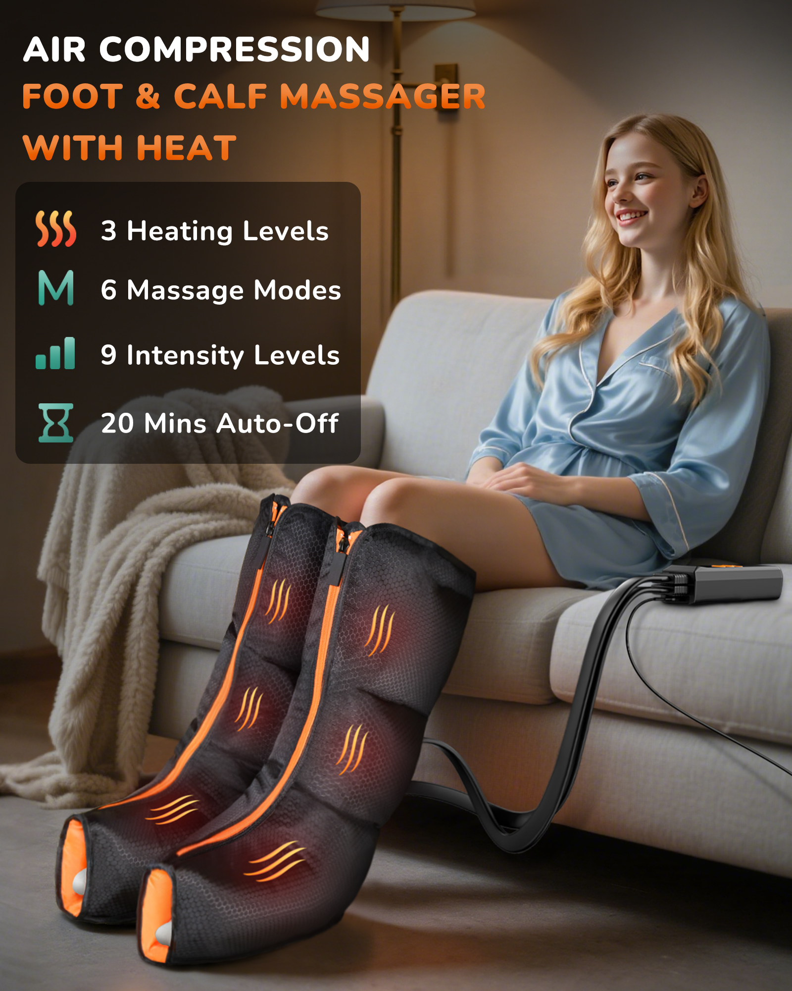 JZBRAIN Leg Massager with Heat and Compression : Foot and Calf Massager for Circulation and Pain Relief, Sequential Compression Boots with 6 Modes, 9 Intensity, 3 Heat