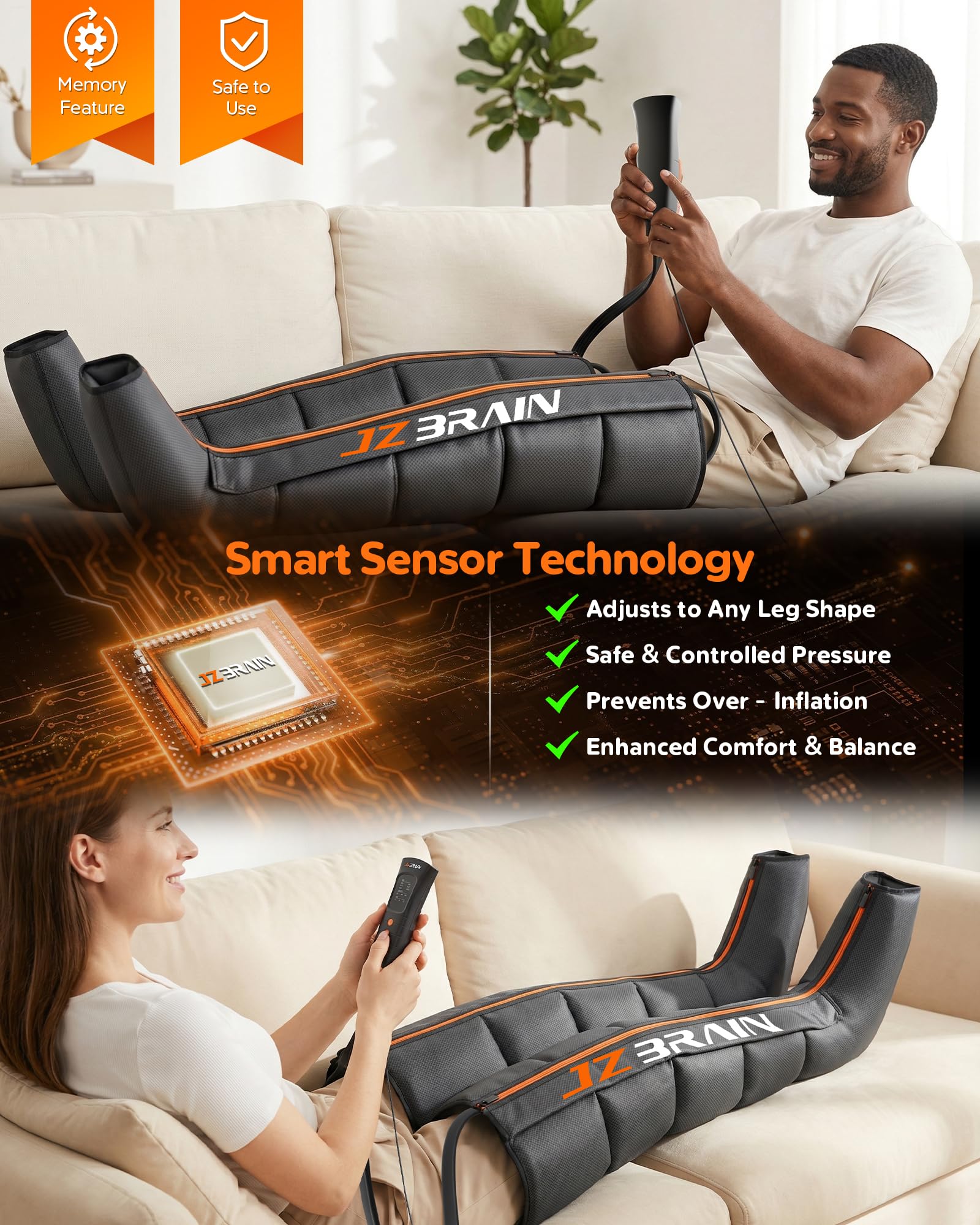 JZBRAIN Sequential Leg Compression Massager for Circulation, Professional Compression Boots for Pain Relief, 5-Chamber Compression Device with 6 Modes & 6 Intensities for Women Men