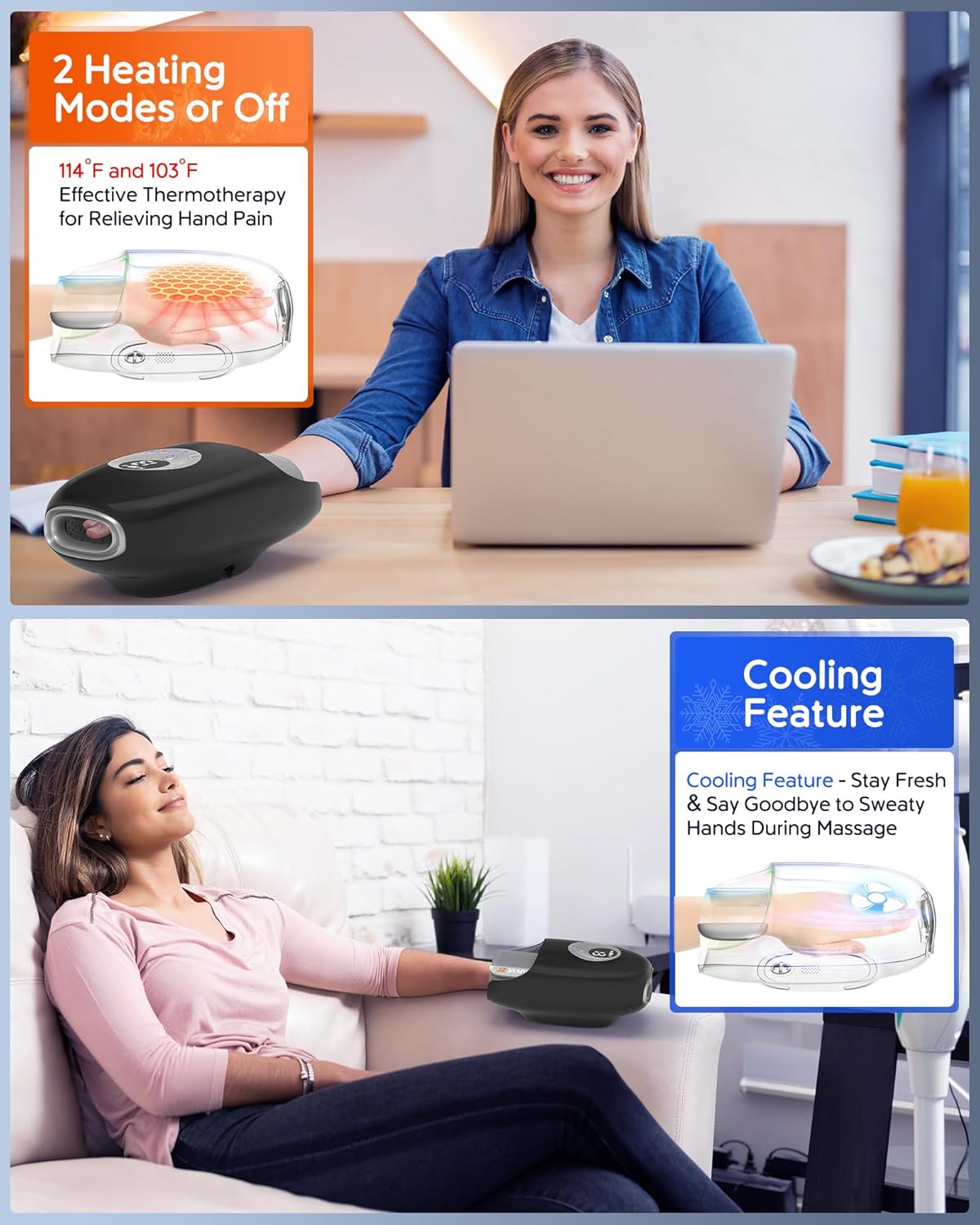 JZBRAIN Hand Massager with Heat and Compression : Full Hand & Wrist Massage with Modes 6 Intensity for Daily Comfort & Relaxation, Heated Function & Cooling Fan for All Seasons (Black)
