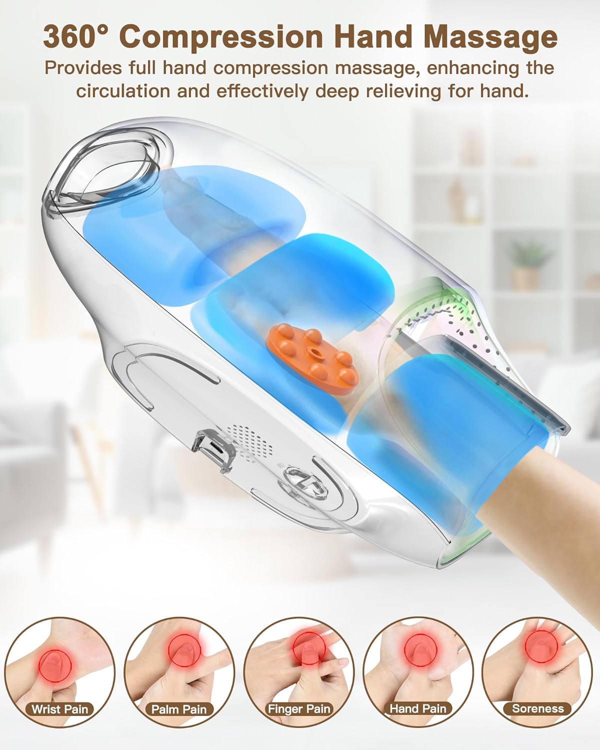 JZBRAIN Hand Massager with Heat and Compression : Full Hand & Wrist Massage with Modes 6 Intensity for Daily Comfort & Relaxation, Heated Function & Cooling Fan for All Seasons (White)