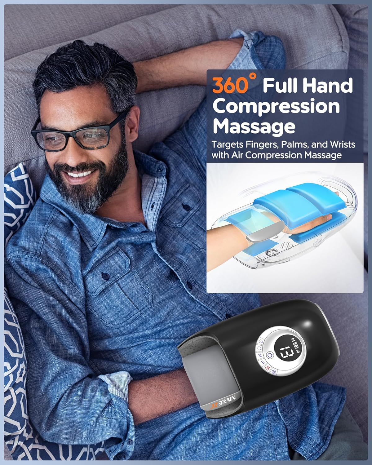 JZBRAIN Hand Massager with Heat and Compression : Full Hand & Wrist Massage with Modes 6 Intensity for Daily Comfort & Relaxation, Heated Function & Cooling Fan for All Seasons (Black)