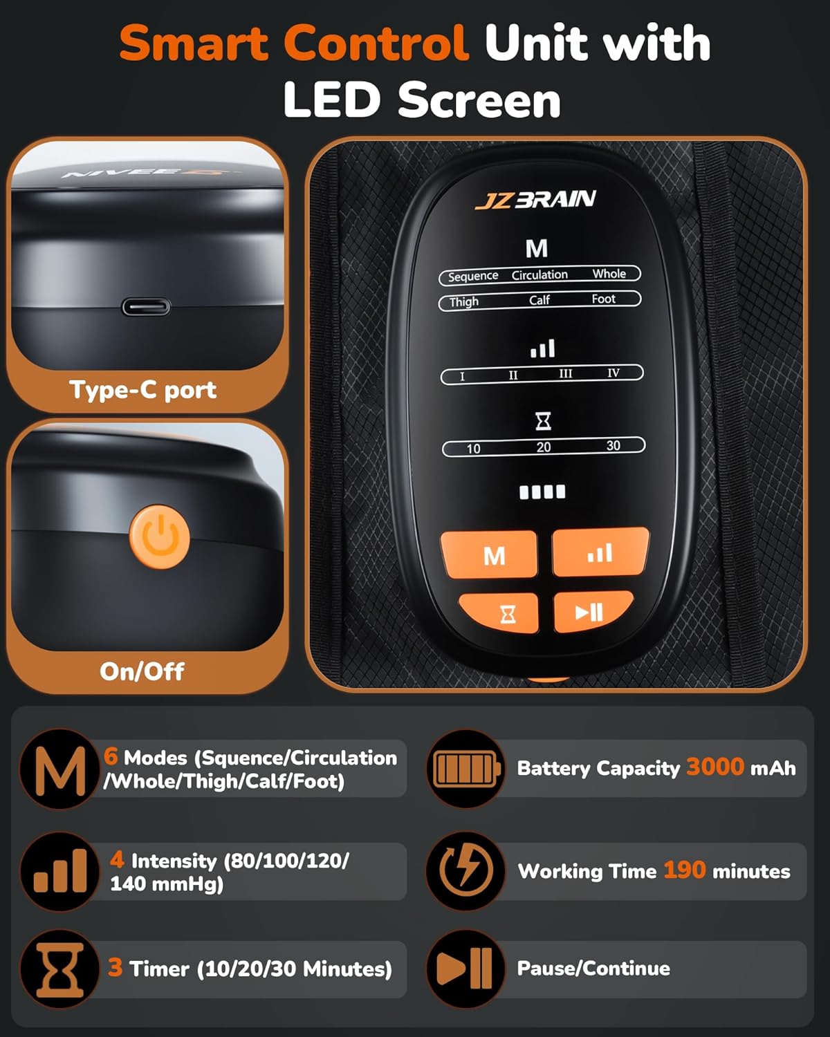 JZBRAIN Professional Compression Boots to Improve Circulation, Cordless Rechargeable Leg Compression Massager for Massage Therapy,Leg Recovery Boots for Athletes,Reduces Muscle Pain, 3000 mAh, Medium